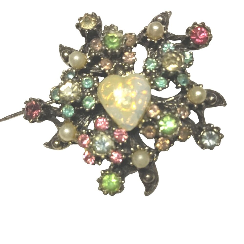 VTG Opaline Heart Brooch Lucite OR Glass Pastel Rhinestone Faux Pearl 1950s MCM